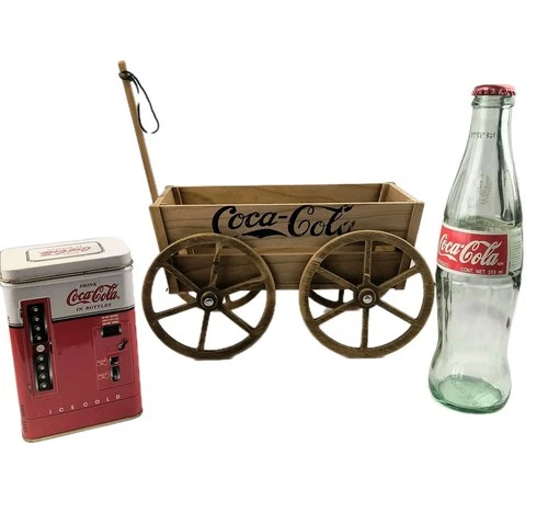 Coca Cola Vintage Collectors Lot Wooden Coke Coca Cola Cart Tin Box & Bottle