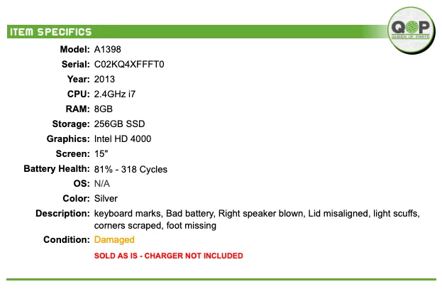 MacBook A1398 2013 - 15", 2,4 GHz i7, 8 GB de RAM, SSD de 256 GB Foto 2 de 4