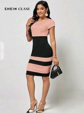 Shein Pink And Black Color Blocked Short Sleeved Bodycon Midii Dress