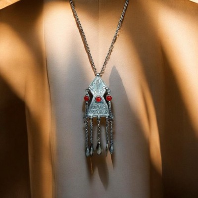 Vintage Middle Eastern Tribal Pendant Necklace Red Cabochon Long 28 Chain