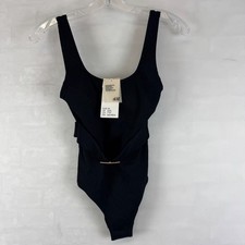 H M Ribbed Belted One-Piece Swimsuit Black Padded XXS NWT