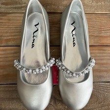 Nina Girl's Silver Leather Kid's Flat Dress Shoe Pearl Beaded Strap NEW Size 3M