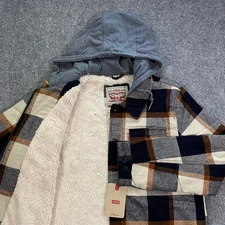Levi's Sherpa Lined Flannel Hooded Shacket Adult Large Beige Black Plaid Jacket