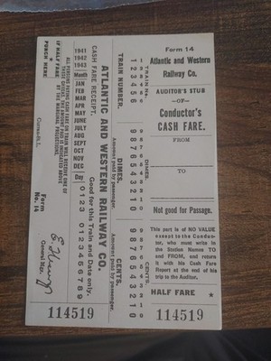 Atlantic & Western Railway Co. Conductor s Cash Fare Zugticket 1940er selten 