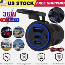 12-24V USB C 3 Port Fast Car Charger PD  QC3.0 Outlet Socket for RV Boat Marine
