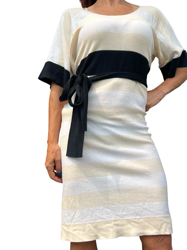 SONIA RYKIEL Italia Suéter Vestido Algodón Rayas Manga Corta Tejido Túnica Cinturón S Foto 3 de 4