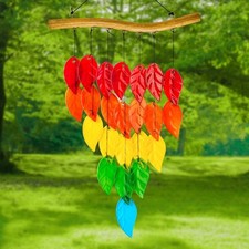27.5in Long Glass Wind Chime Multicoloured Leaf Windchime Garden Art Home Decor