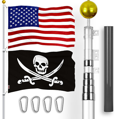 20 Ft Telescoping Flagpole SV & American and Pirate Swords Flags Emb 300D 3x5Ft
