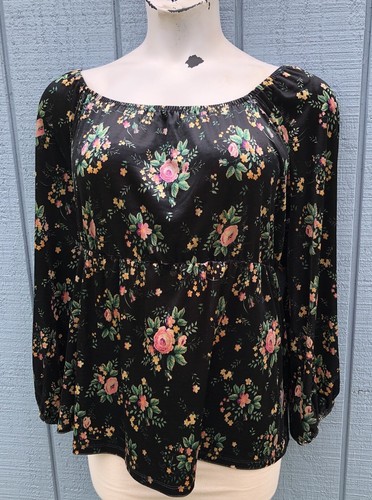 Off The Shoulder Velour Velvet Top Sz 22W - 24W (3X) Black Floral Long Sleeve - Picture 2 of 13