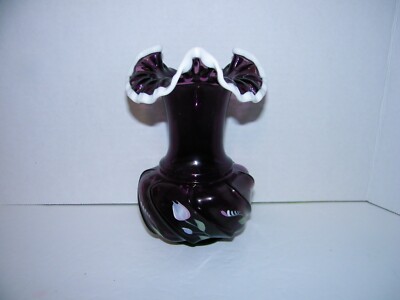 Fenton QVC 1993 Plum Purple Wavecrest Vase White Snowcrest HP Flowers