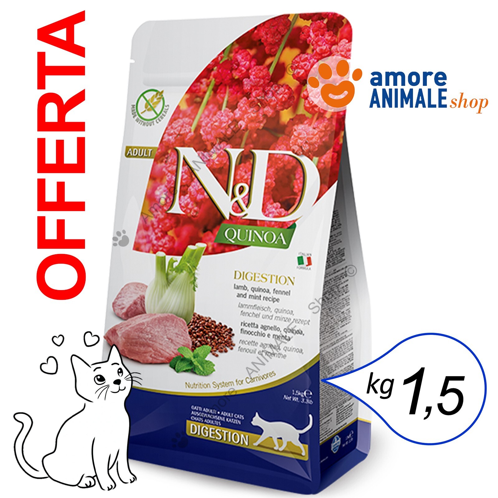 Farmina Cat N&D Quinoa Adult Digestion → Agnello e Menta - 1,5 kg, Mangime Gatto