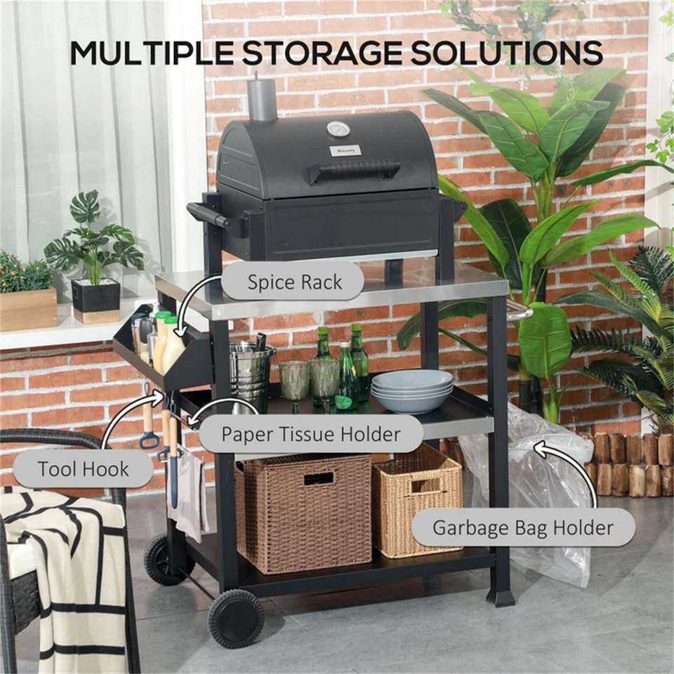 Carro de bar móvil exterior mesa parrilla jardín patio barbacoa cocina carro plateado y negro Foto 3 de 4