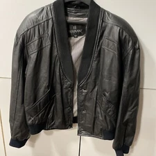 Mens Black Bermans L Large Leather Bomber Short Jacket 3 Button