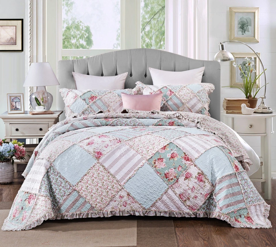 DaDa Bedding Cottage Mint Floral Pastel Cotton Patchwork Bedspread Quilt Set - Image 2 of 4