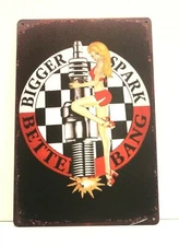 Vintage Style Spark Plugs Ad Sexy Pinup Girl Tin Metal Sign Rustic Look Garage