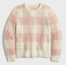 J. Crew Bouclé Buffalo Check Plaid Sweater Crewneck Large Fuzzy Knit Pink Boxy