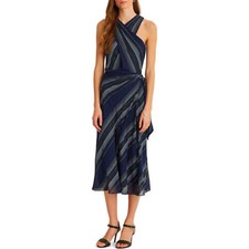 Lauren Ralph Size 16 Navy Blue Midi Striped Crinkle Georgette Halter Dress B28