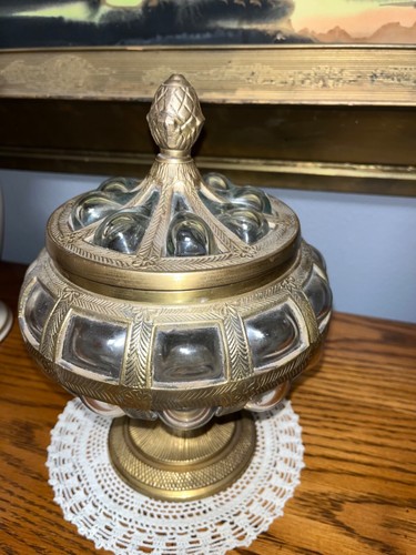 VTG Lidded Candy Dish Pedestal Hand Carved Brass Hand Blown Bubble Glass India - Picture 3 of 24
