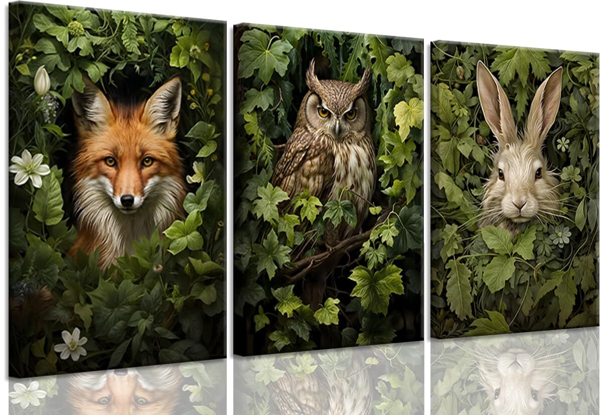 3pc Framed Magical Forest Animal Canvas Wall Art Retro Wildlife Posters