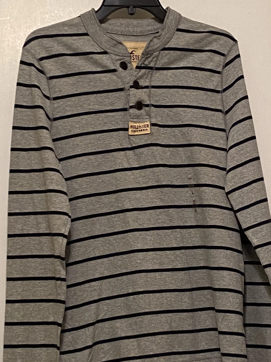 NWT Hollister Henley Top Shirt LS Striped Gray Blue L