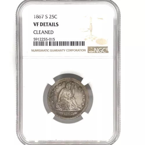 1867-S Seated Liberty Silver Quarter 25C, NGC  VF Details *Cleaned* Key Date.
