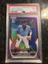 JUNIOR CAMINERO 2023 BOWMAN CHROME 1ST RC PURPLE MEGABOX REFRACTOR /250 PSA 9