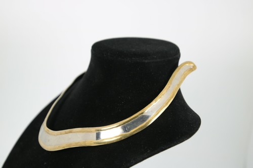 Silver with Brass Edge Solid Modern 13" Collar Choker Necklace 30 Grams - Picture 3 of 5