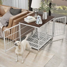 Heavy Duty Dog Crate Indoor Dog Cage Metal Pet Kennel Playpen w/ Wooden Tabletop