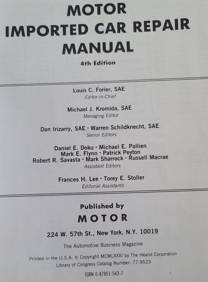 MOTOR IMPORTED CAR REPAIR MANUAL HARDCOVER Book 4th Edition 19721981