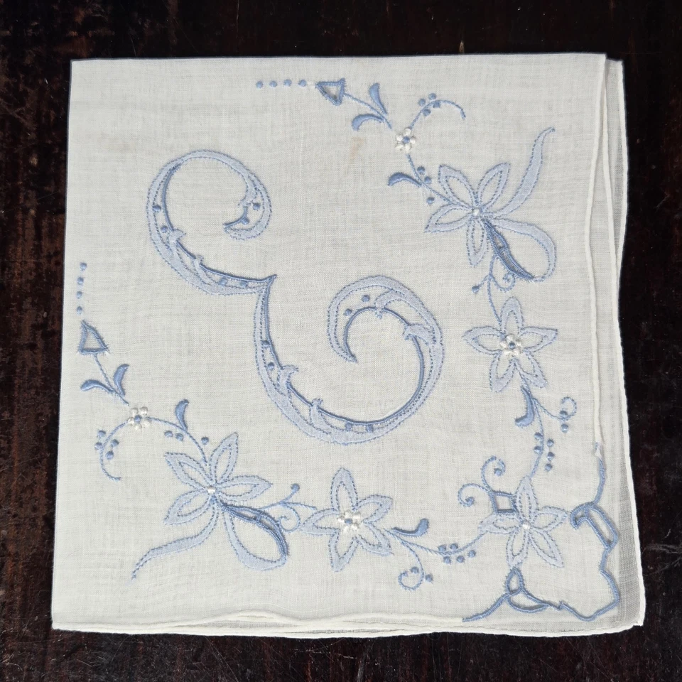 De Colección Excepcional Madeira Bordado Algodón Lino Pañuelo Monograma E Foto 2 de 4