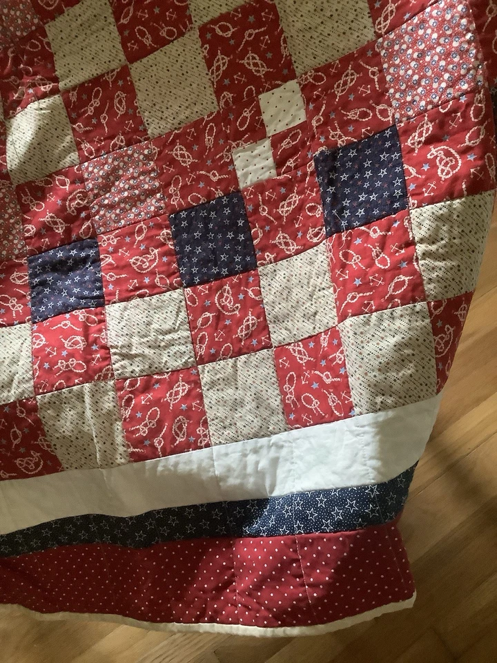 Handmade Lap Quilt Nautical Theme Blue White Red large - Image 3 of 4