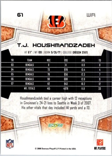 2008 Score #61 T.J. Houshmandzadeh - Picture 2 of 2