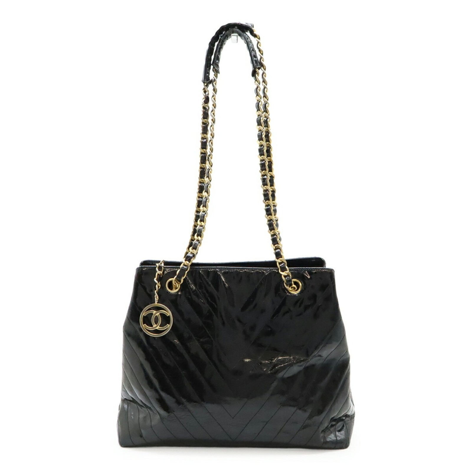 CHANEL V-stitch Coco Mark tote bag with chain shoulder strap in bl... GZl1an2n