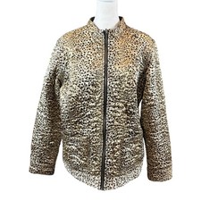 Chico's Reversible Quilted Jacket Women Size 2 Gold Leopard Gray Full Zip Mock