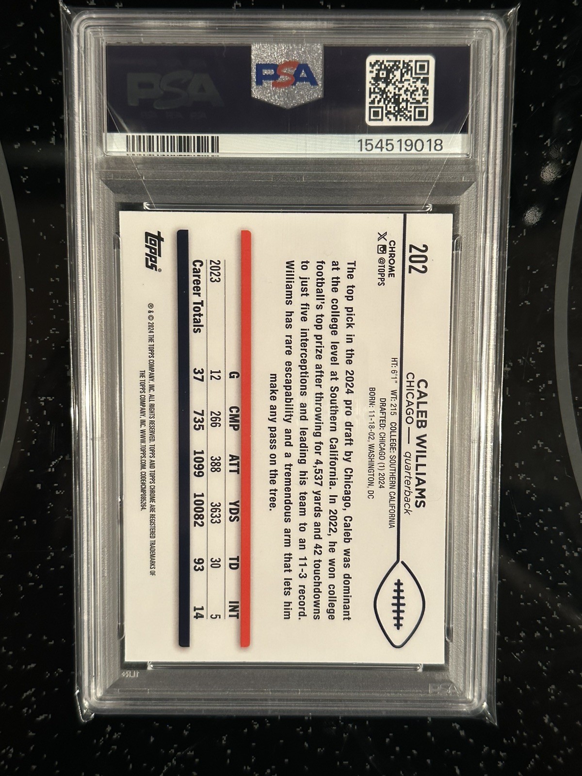 2024 Topps Chrome Caleb Williams #202 Rookie X-Fractor PSA 10 RC view 2