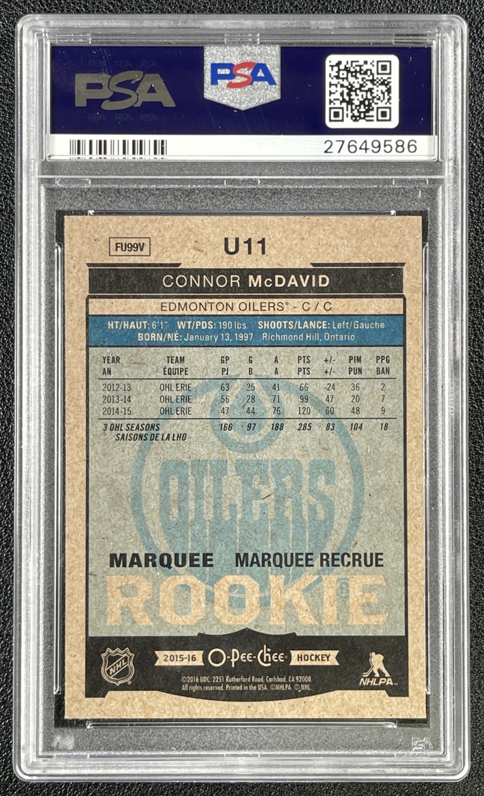 CONNOR MCDAVID PSA 10 2015-16 UPPER DECK #U11 ROOKIE O-PEE-CHEE OPC UPDATE 9586 view 2