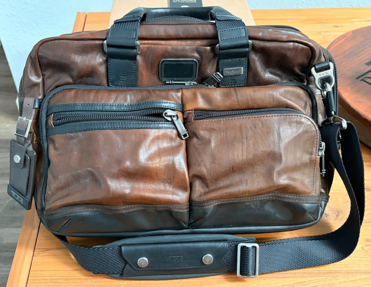 TUMI Alpha Bravo Leather Expandable Organizer Briefcase Brown