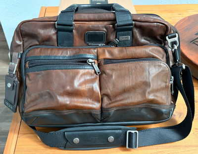 TUMI Alpha Bravo Leather Expandable Organizer Briefcase Brown