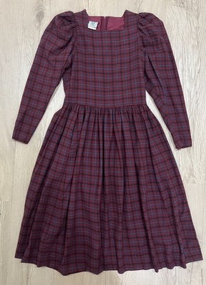 Vintage Laura Ashley Square Neck Tartan Plaid Prairie Dress Plum Size US 8