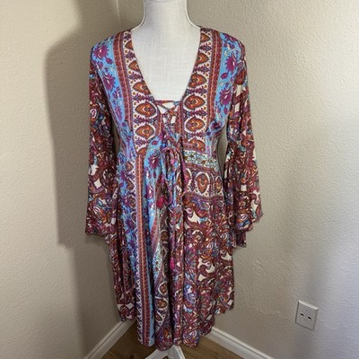 Karma Highway Boho Maxi Dress OS Paisley Viscose Satin Drawstring Long BelSleeve