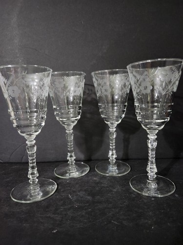 Vintage Libbey Rock Sharpe Halifax geätzter Wasserkelch, Weingläser 4er Set