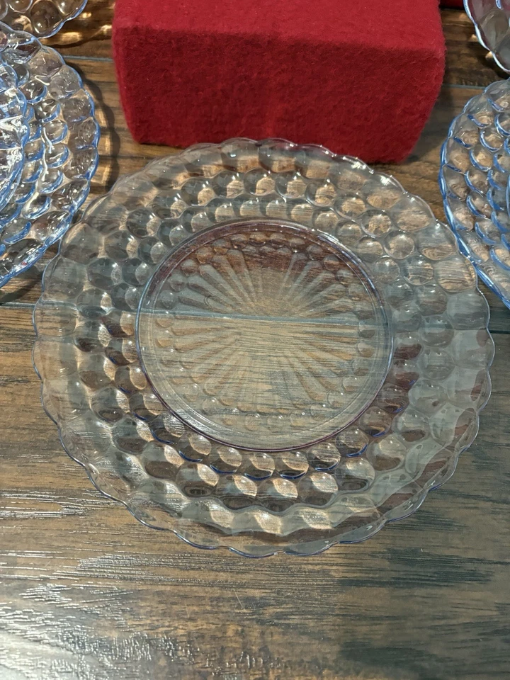 Vintage Sapphire Blue Bubble Glass Plates Anchor Hocking 9.25” Set Of 8 - Image 4 of 4