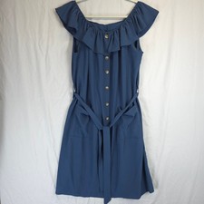 Shein Curve Blue Ruffle Off Shoulder Faux Button Belted Dress Women 0XL Romantic