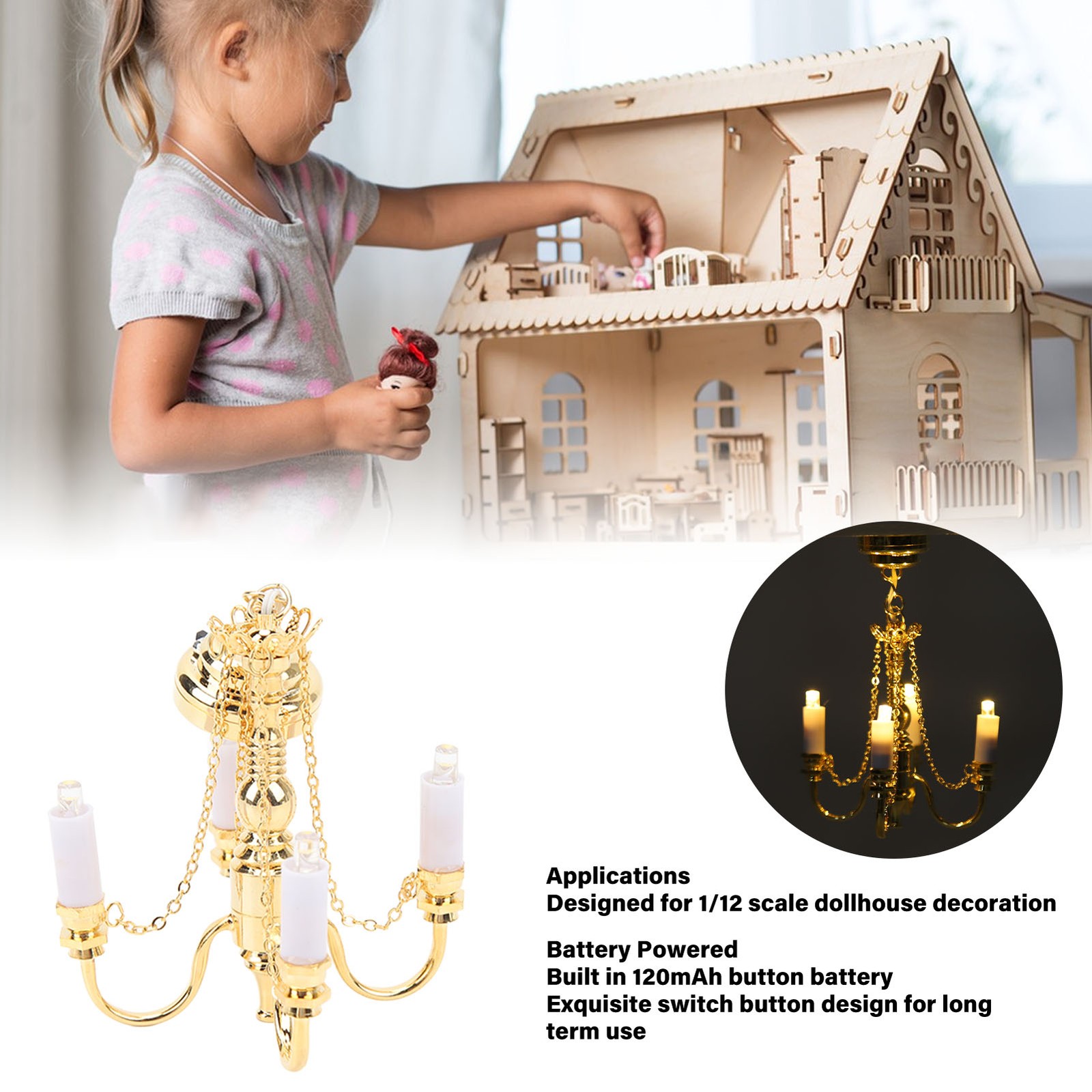 Dollhouse Chandelier Miniature Battery Operated 4 Heads Ceiling Light