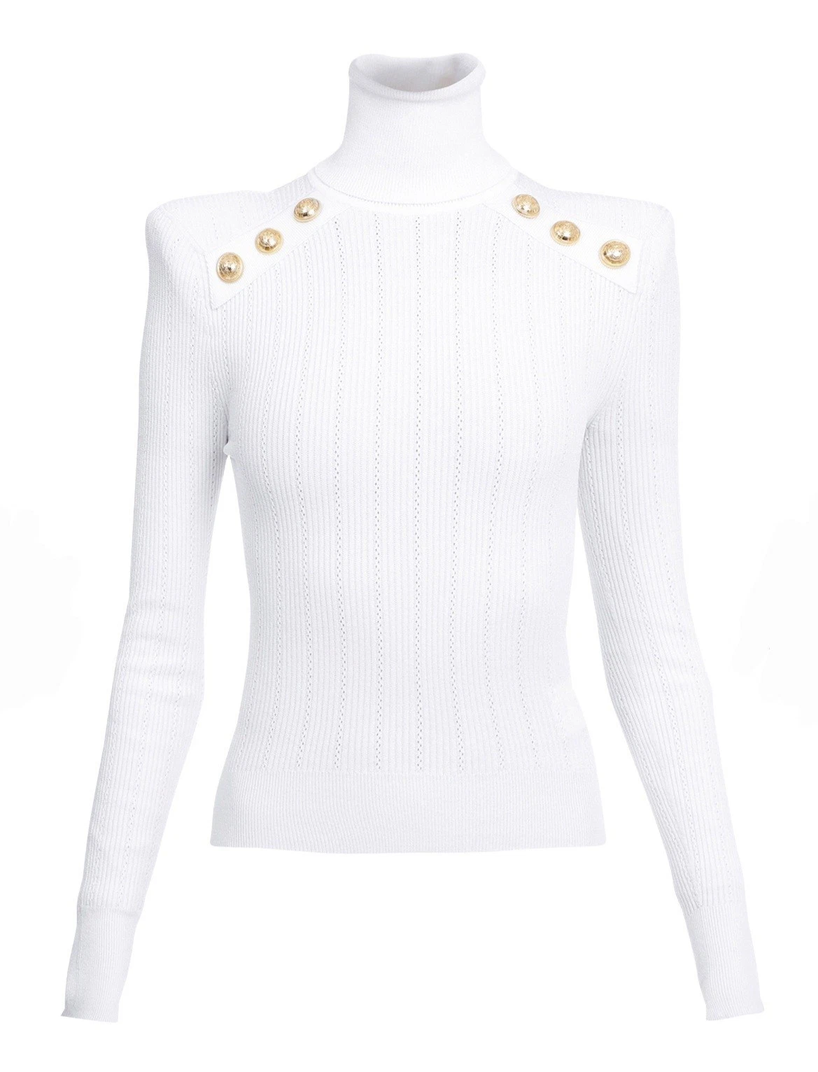 Balmain — BALMAIN Womens Ribbed Knit Gold Buttons White Sweater FR34/US2 $1,800 Retail