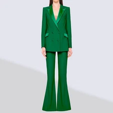 Runway Women 2pcs Sets Suit Jacket Long Flare Pants Double Breasted Slim British