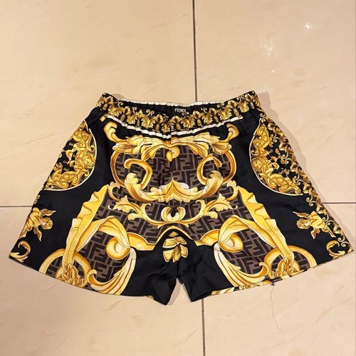 Fendi, FENDI x VERSACE Sweat Shorts Black Gold Baroque FF Logo Italy