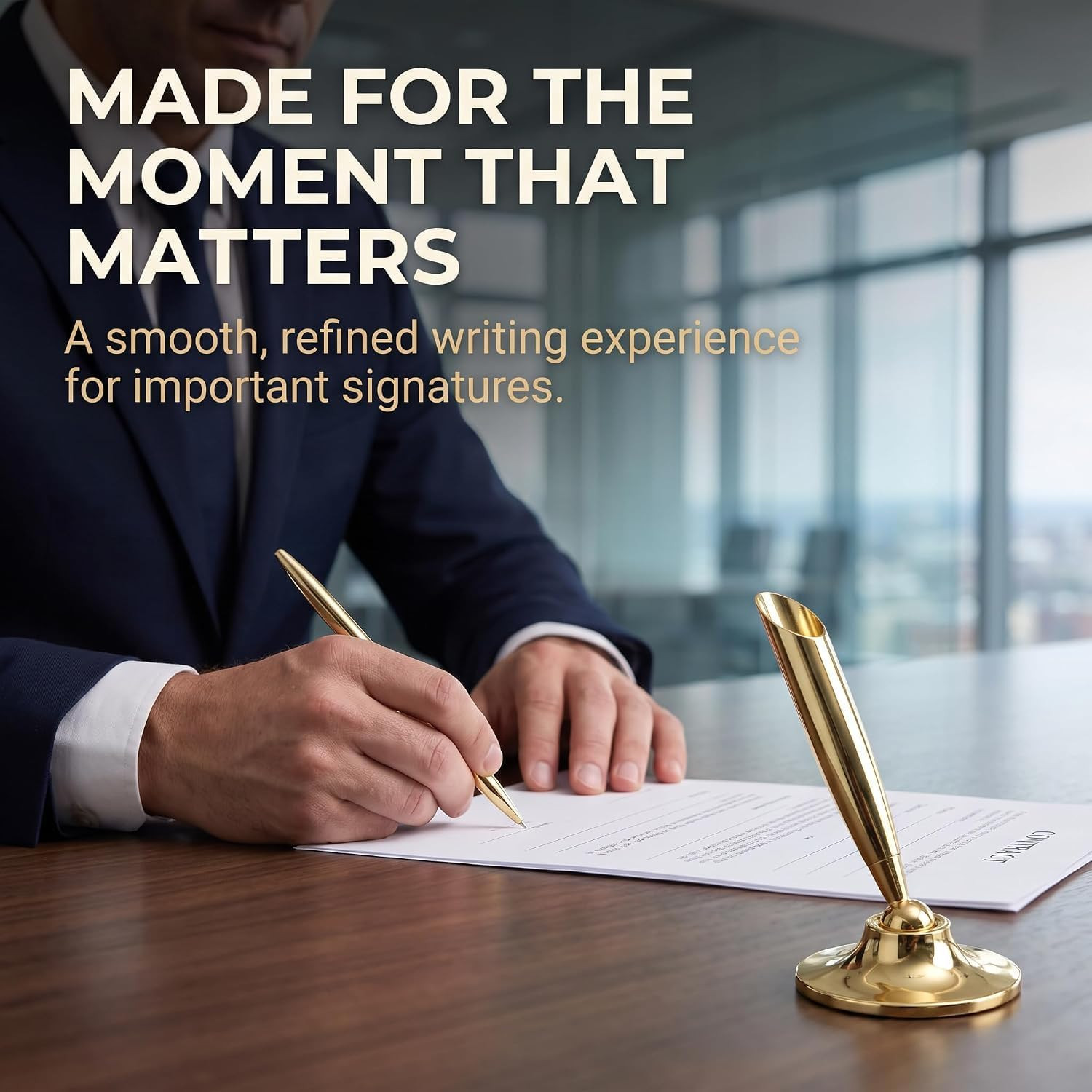 как выглядит Gold Pen and Pen Stand round Holder Signing Set Metal Attached to Desk Base фото