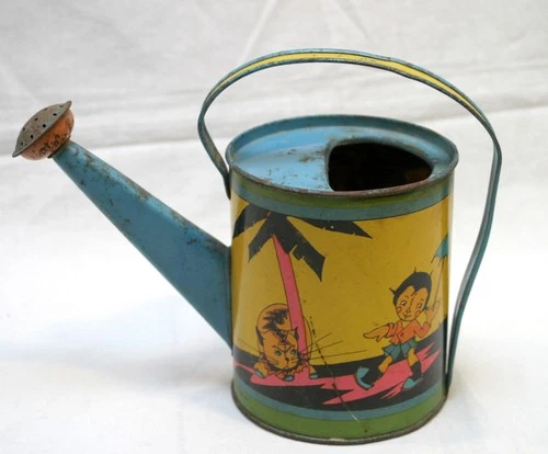 Vintage Ohio Art Tin Litho Watering Can Unique Child & Cat Fern Bisel Peat