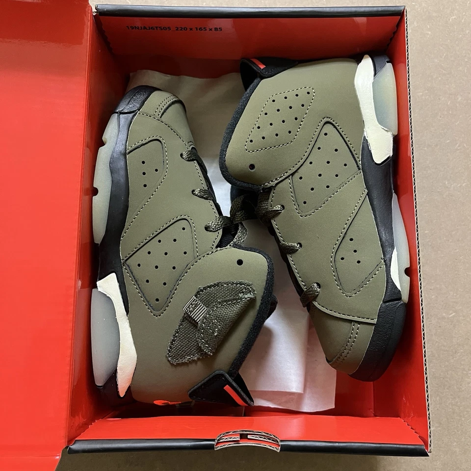 Size 10c PS - Jordan 6 Retro x Travis Scott Mid Olive Green Glow British Khaki G - Image 2 of 4